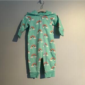 Monica + Andy Hooded Sweatshirt Romper – Blue with Rainbows, 6-9 Months